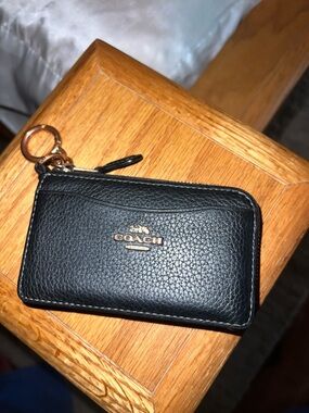 Coach Black Pebbled Leather Zip Card Case Keyring